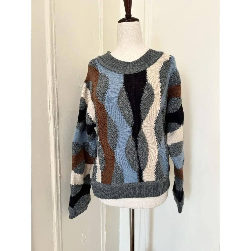 DELUC Women Wavy Abstract Colorblock Chunky Knit Crewneck Sweater‎ Grey Blue XS
